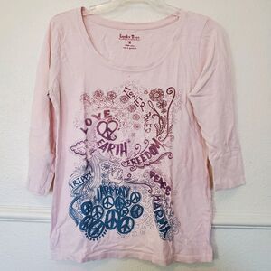 Lucky Brand Tees Peace Flowers Hippie Print 100% Cotton Top 3/4 sleeve Size M